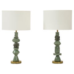 Sculptural Green Ceramic "Sfere and Tubi" with Brass Lamps by Matteo Giampaglia