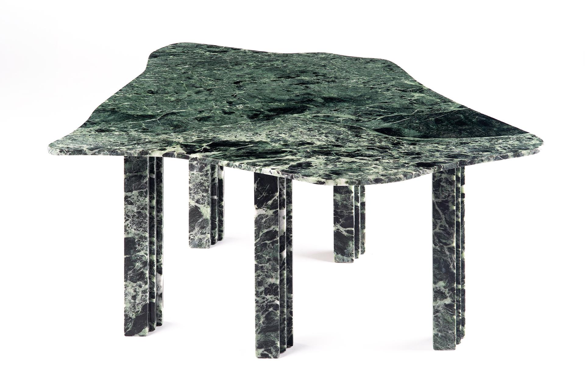 Sculptural green marble table - Lorenzo Bini
Title: No-thin
Measures: 180 x 150 x H 73.5 cm
Material: Verde Alpi

Also available as a Coffee table 90 x 75 x H 37 cm
Please contact us.


Six Tableaux is a series of marble tables designed by Lorenzo