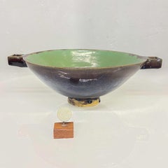 Sculptural Green Pottery Modern Art Bowl Oval Design with Handles signed