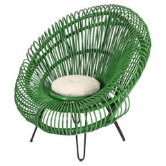 Sculptural Green Rattan Lounge Chair by J. Abraham and Dirk Rol, France 1960s Sculptural Green Rattan Lounge Chair by J. Abraham and Dirk Rol, France 1960s