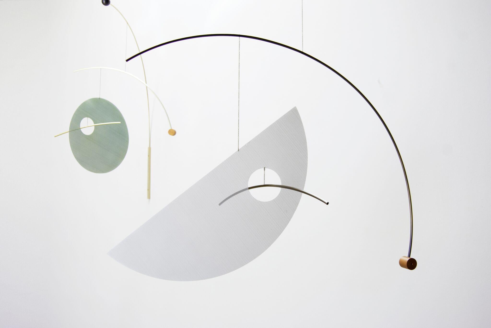 Contemporary Sculptural Half Lune Mobile in Brushed Brass and Anodized Aluminium For Sale