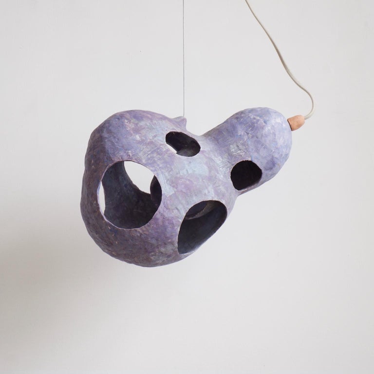 Modern Sculptural Hand-Built Ceramic Pendant Lamp in Matte Blue by Yuko Nishikawa For Sale