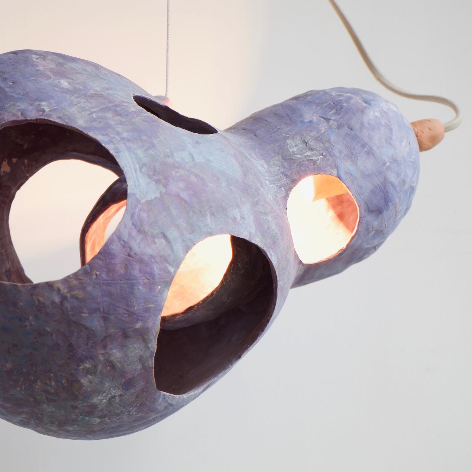 Modern Sculptural Hand-Built Ceramic Pendant Lamp in Matte Blue by Yuko Nishikawa