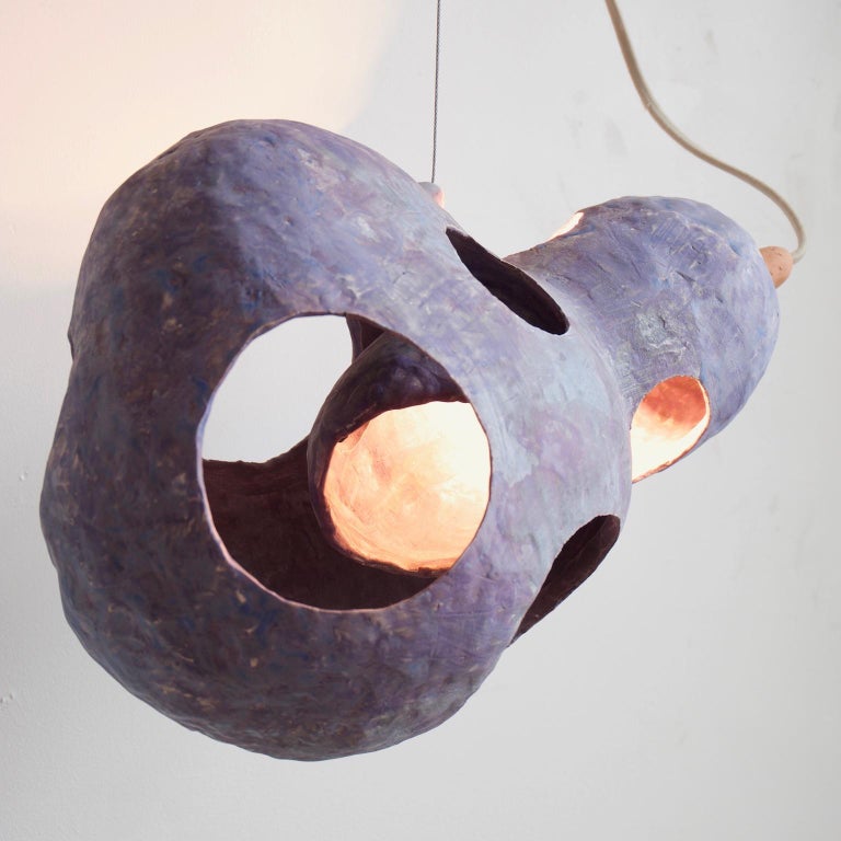 Sculptural Hand-Built Ceramic Pendant Lamp in Matte Blue by Yuko Nishikawa In New Condition For Sale In Brooklyn, NY