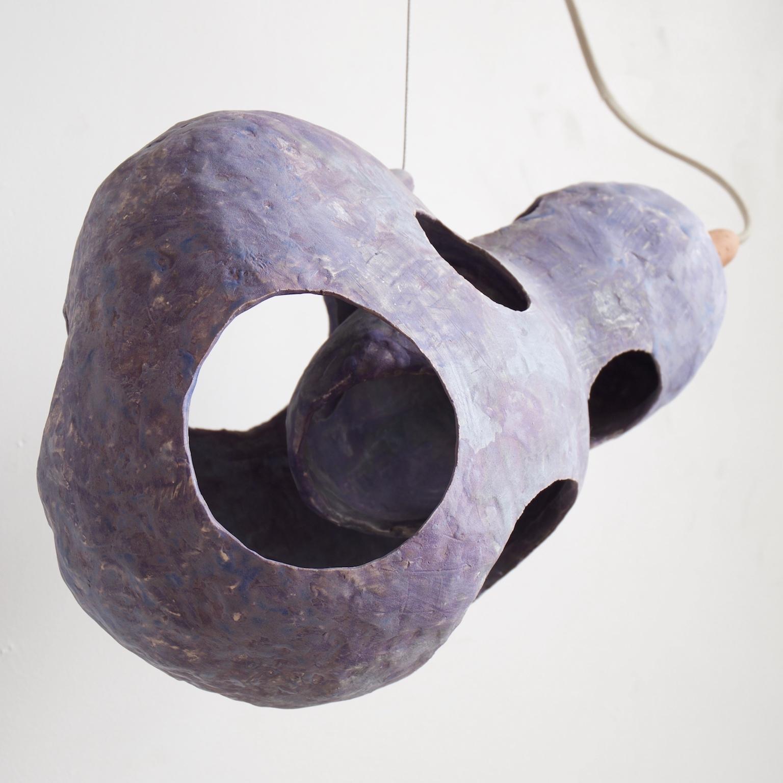 Sculptural Hand-Built Ceramic Pendant Lamp in Matte Blue by Yuko Nishikawa In New Condition In Brooklyn, NY