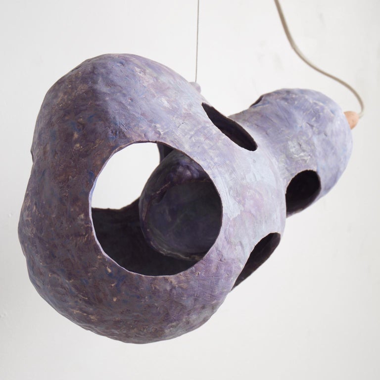Contemporary Sculptural Hand-Built Ceramic Pendant Lamp in Matte Blue by Yuko Nishikawa For Sale
