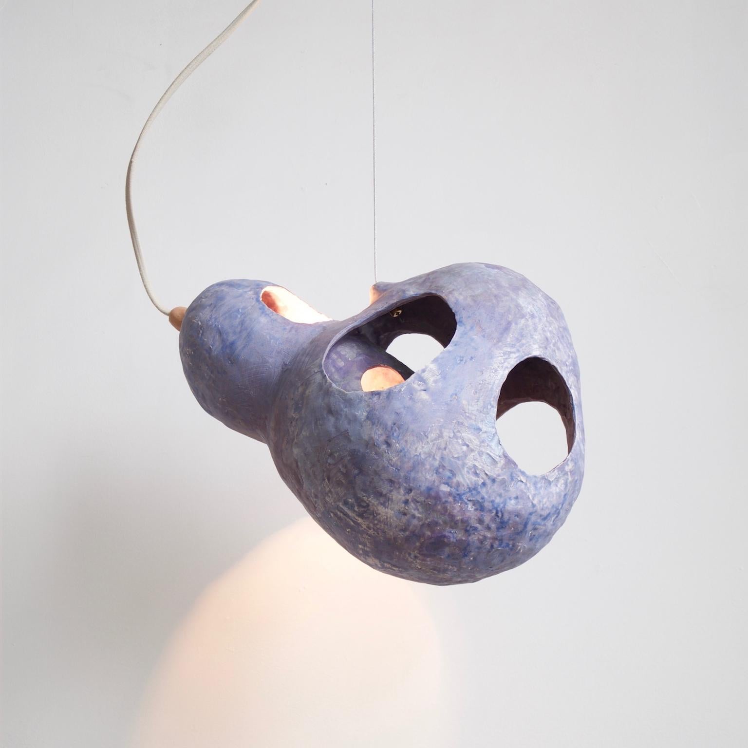 Contemporary Sculptural Hand-Built Ceramic Pendant Lamp in Matte Blue by Yuko Nishikawa