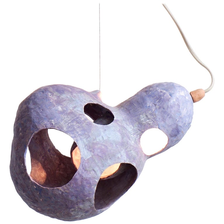 Sculptural Hand-Built Ceramic Pendant Lamp in Matte Blue by Yuko Nishikawa For Sale