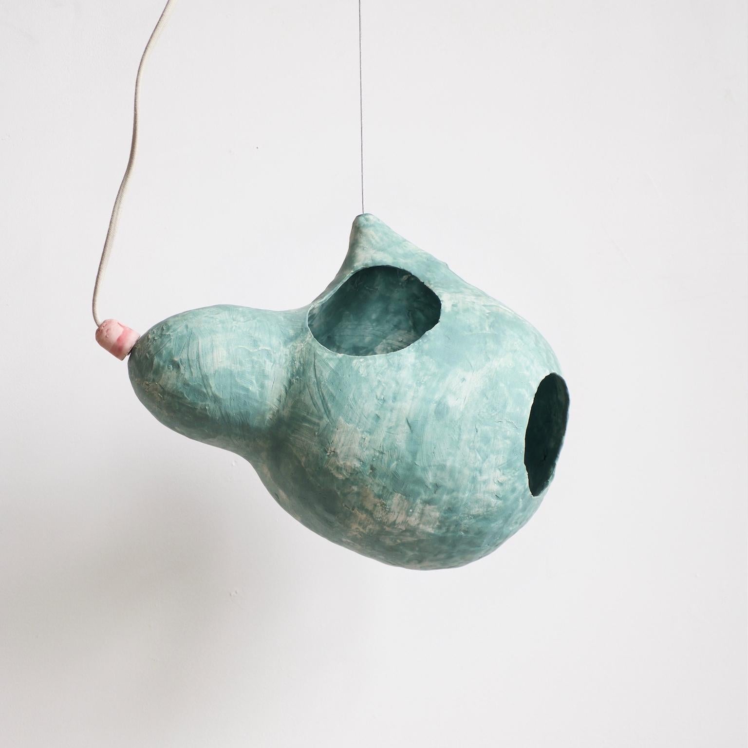 Modern Sculptural Hand-Built Ceramic Pendant Lamp in Matte Green by Yuko Nishikawa