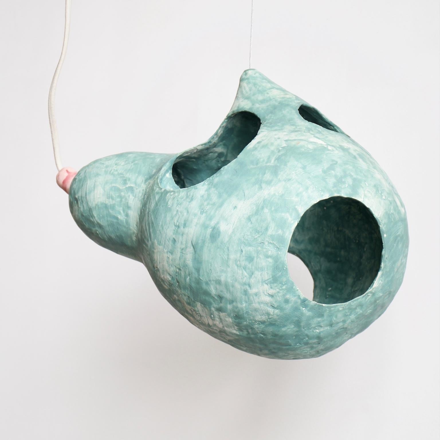 Fired Sculptural Hand-Built Ceramic Pendant Lamp in Matte Green by Yuko Nishikawa