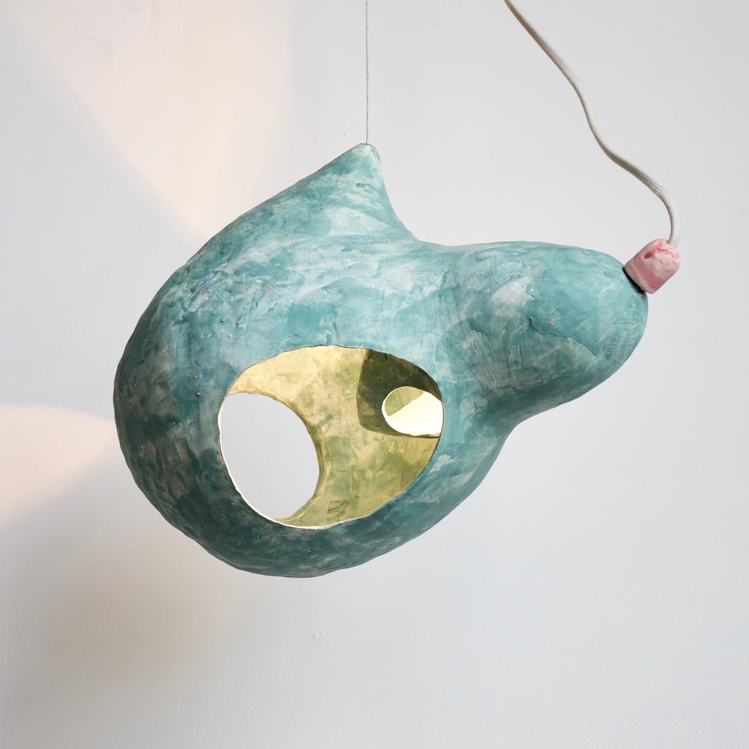 Sculptural Hand-Built Ceramic Pendant Lamp in Matte Green by Yuko Nishikawa In New Condition In Brooklyn, NY