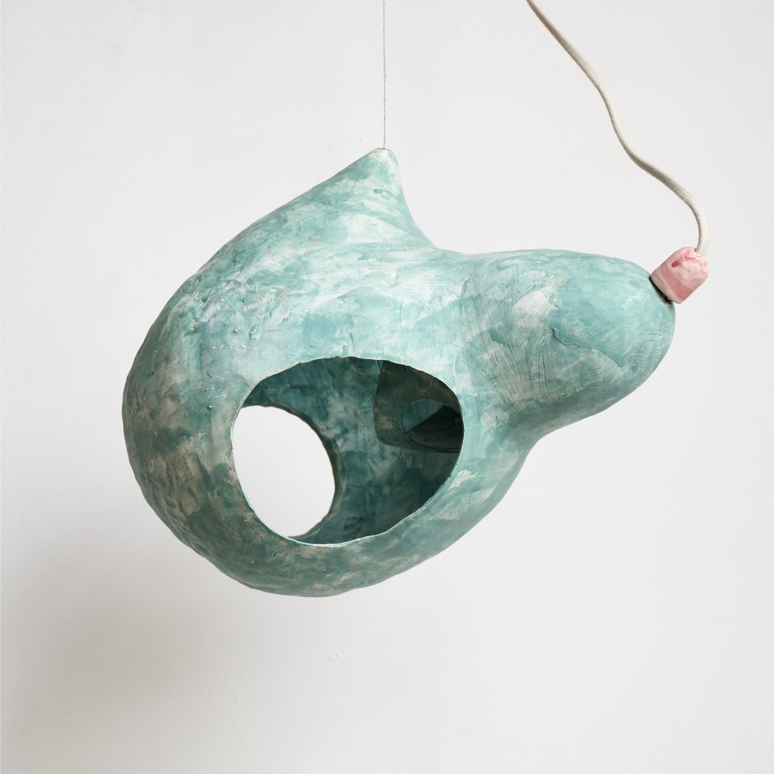 Contemporary Sculptural Hand-Built Ceramic Pendant Lamp in Matte Green by Yuko Nishikawa
