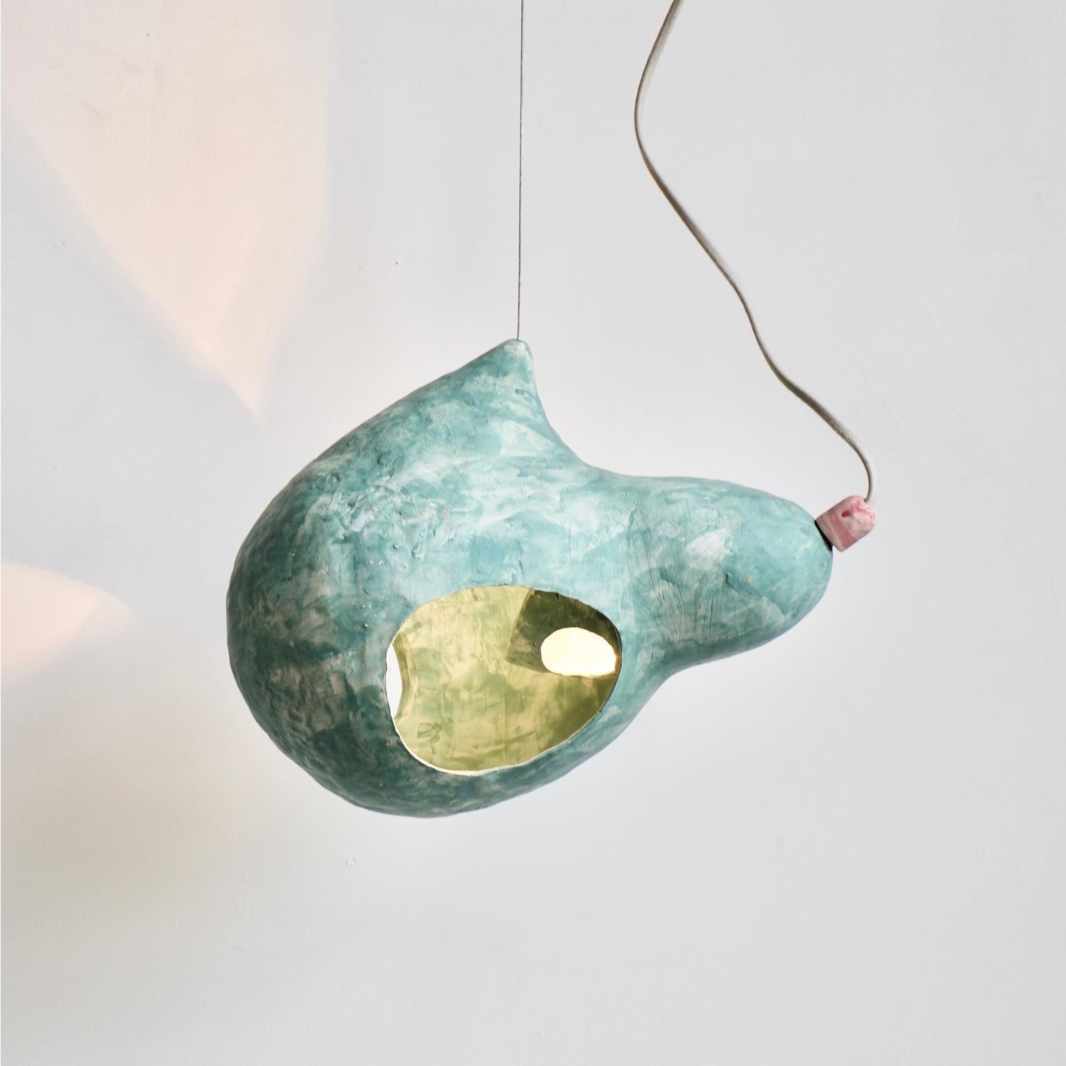 Sculptural Hand-Built Ceramic Pendant Lamp in Matte Green by Yuko Nishikawa 1