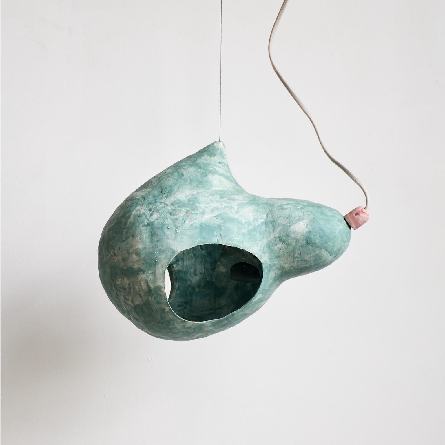 Sculptural Hand-Built Ceramic Pendant Lamp in Matte Green by Yuko Nishikawa 2