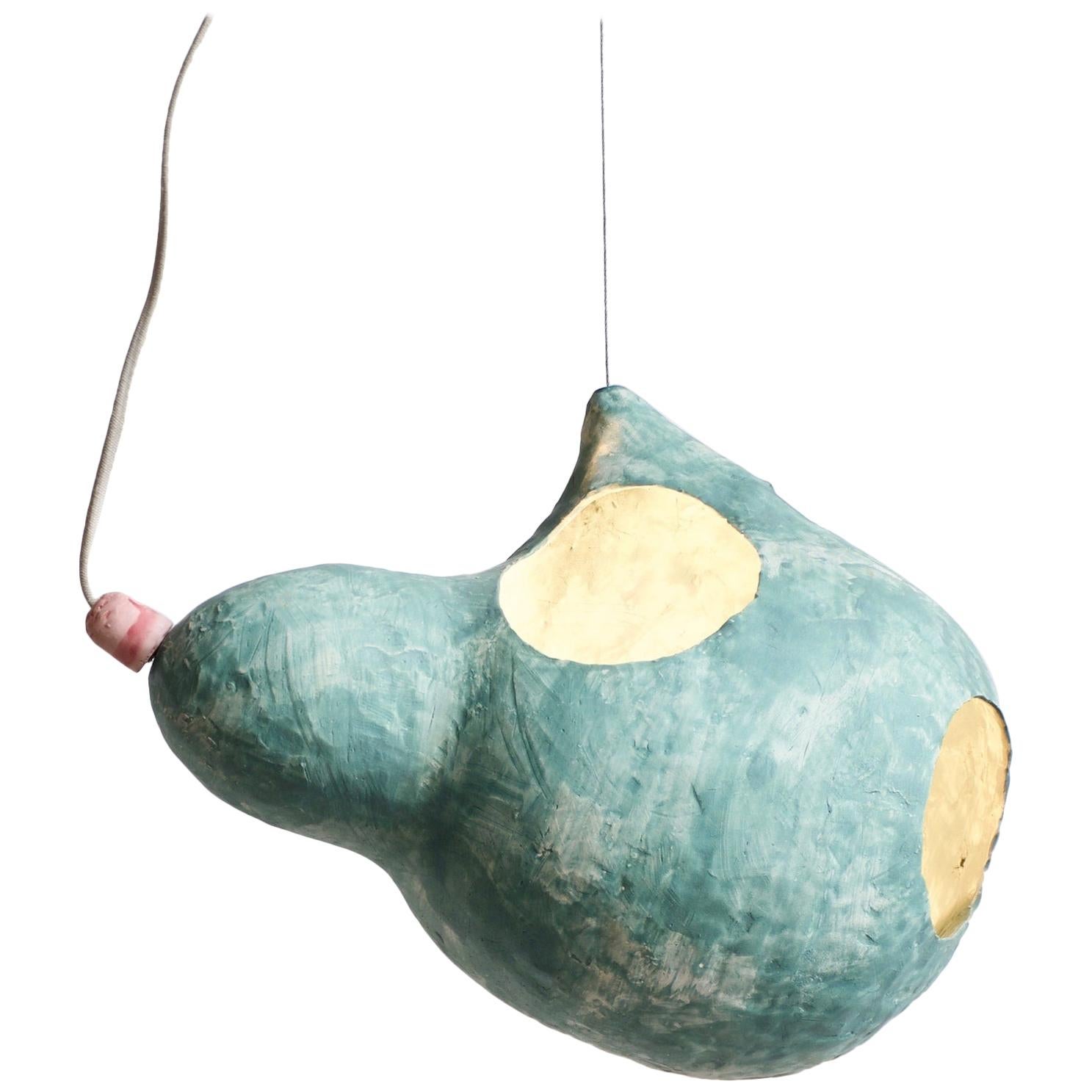 Sculptural HandBuilt Ceramic Pendant Lamp in Matte Green by Yuko