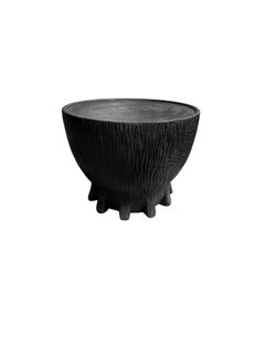 Sculptural Hand-Carved Round Solid Mango Wood Side Table, Modern Organic, Burnt