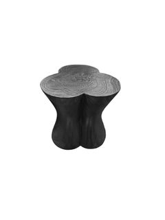 Sculptural Hand-Carved Round Solid Mango Wood Side Table, Modern Organic, Burnt