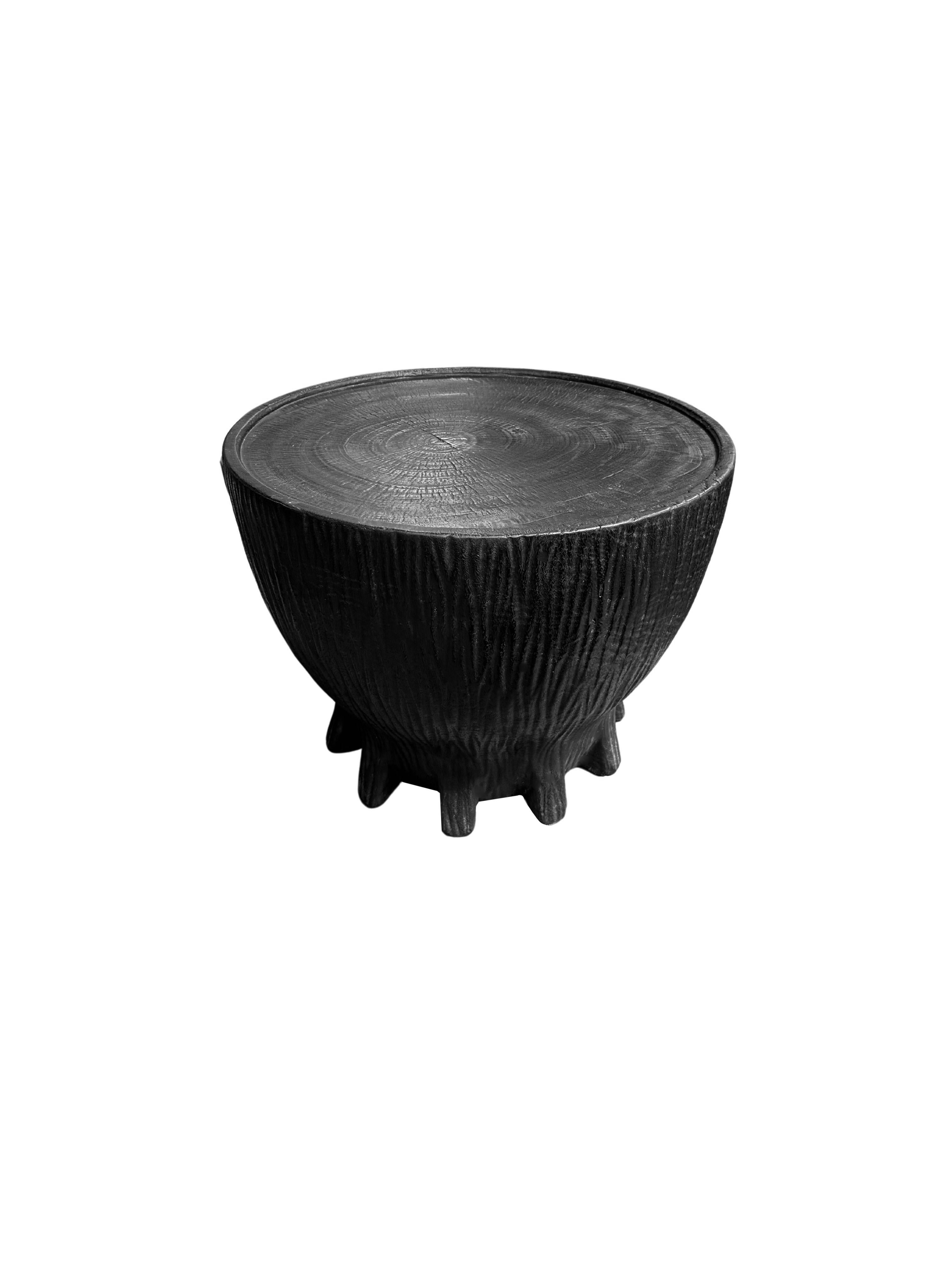 Organic Modern Sculptural Hand-Carved Round Solid Mango Wood Side Table, Modern Organic, Burnt For Sale