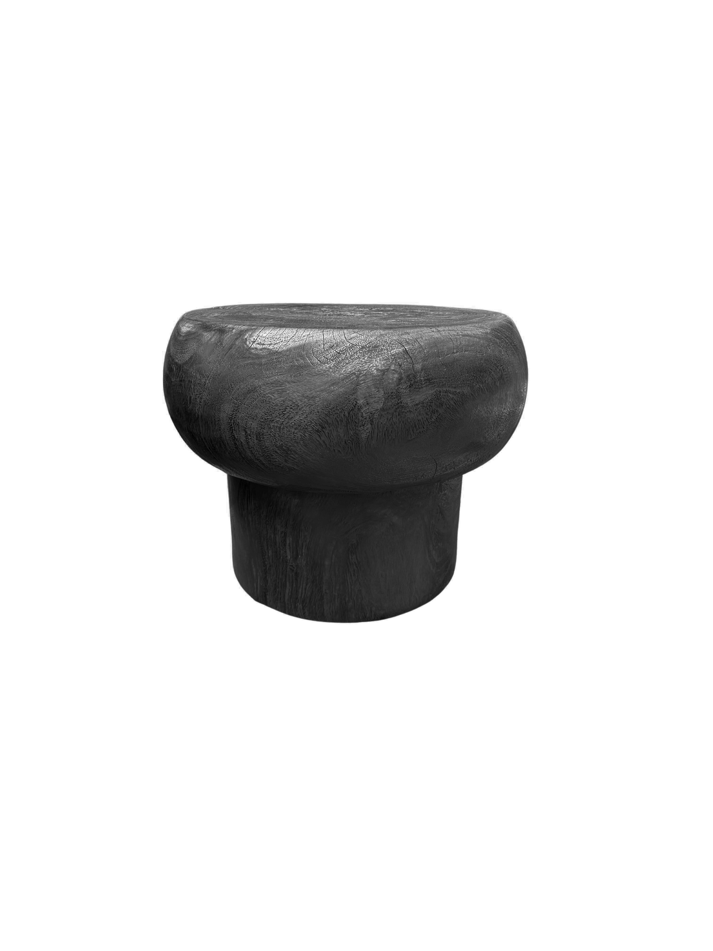 Indonesian Sculptural Hand-Carved Round Solid Mango Wood Side Table, Modern Organic, Burnt For Sale