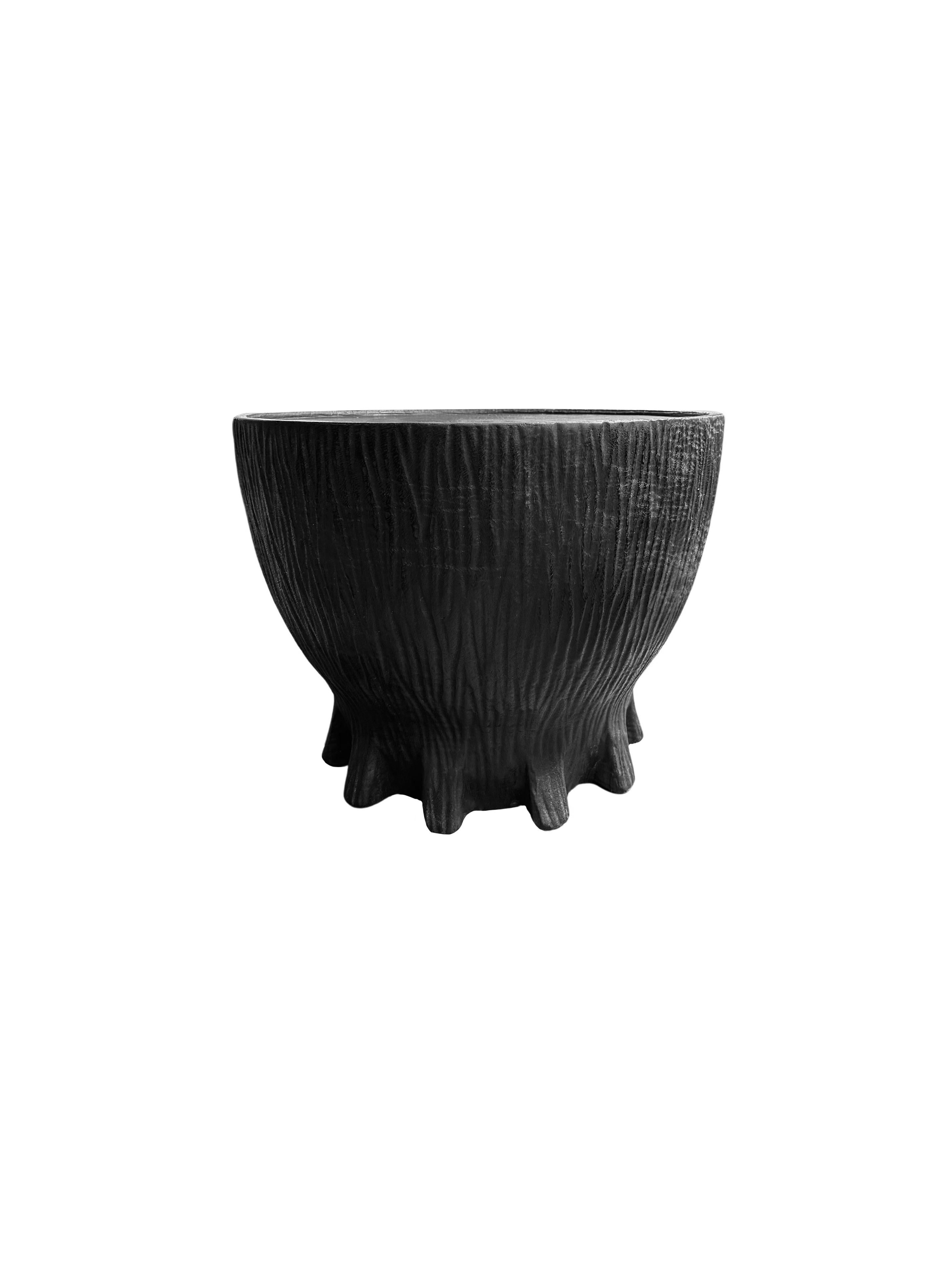 Indonesian Sculptural Hand-Carved Round Solid Mango Wood Side Table, Modern Organic, Burnt For Sale