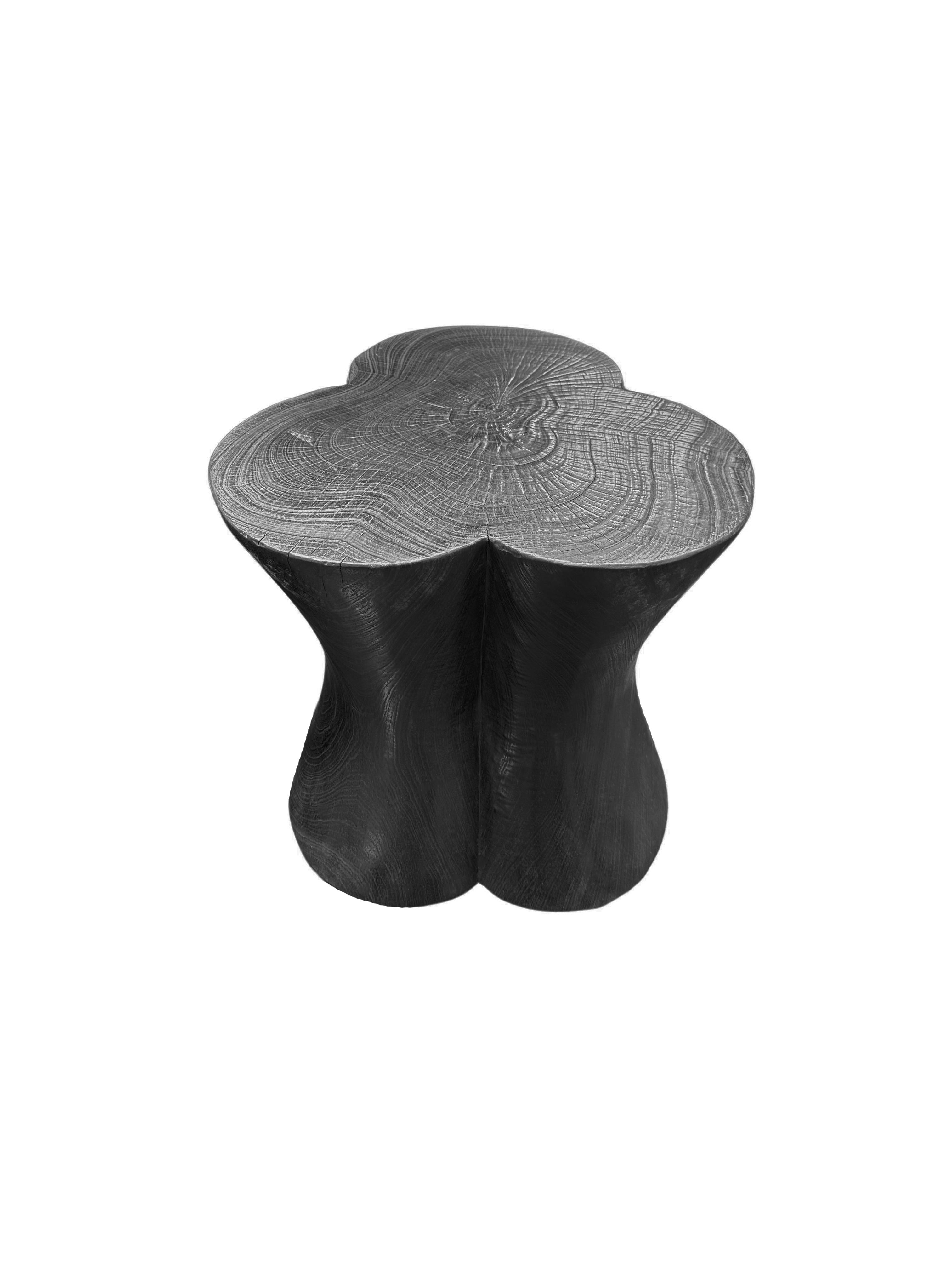 Indonesian Sculptural Hand-Carved Round Solid Mango Wood Side Table, Modern Organic, Burnt For Sale