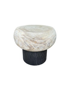 Sculptural Hand-Carved Round Solid Mango Wood Side Table, Modern Organic