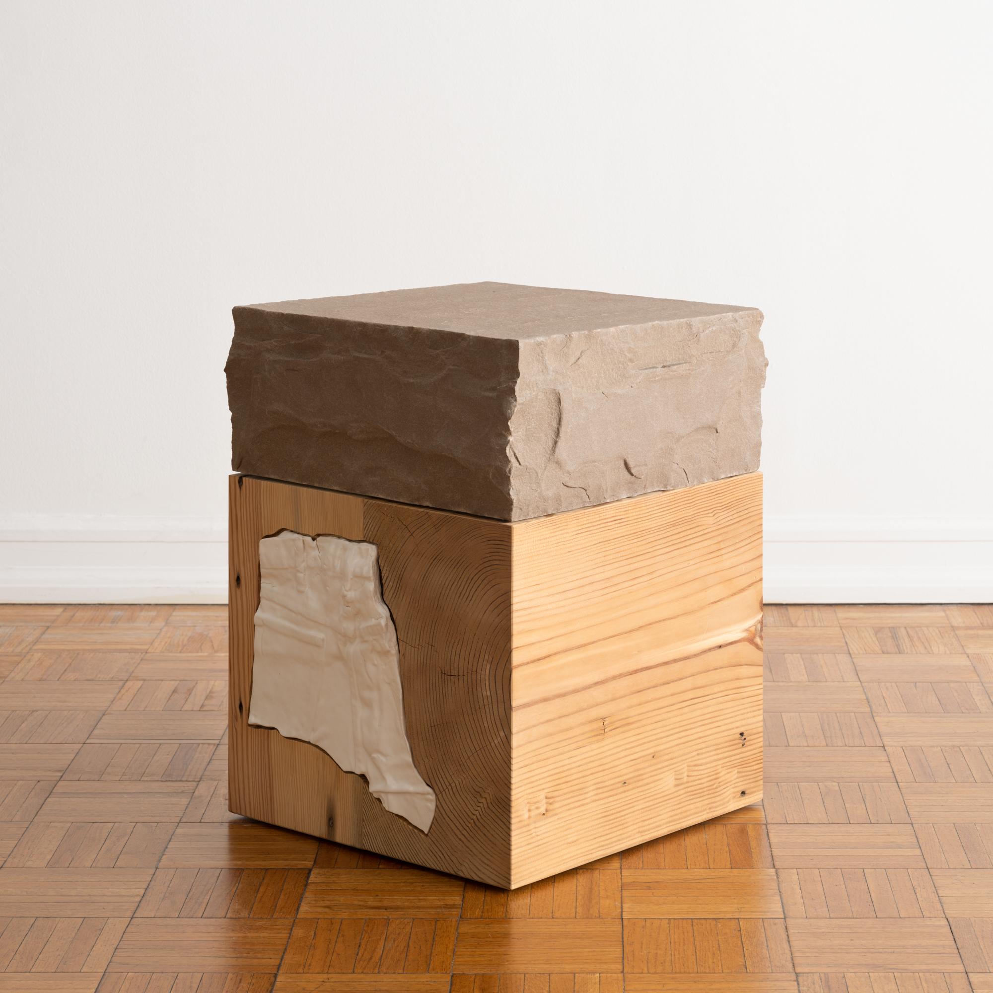 Carved Side or End Table in Reclaimed Wood with Ceramic Inlay and Hand-carved Stone Top For Sale