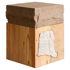 Side or End Table in Reclaimed Wood with Ceramic Inlay and Hand-carved Stone Top