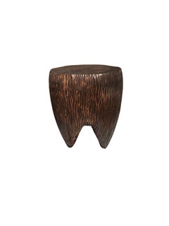 Sculptural Hand-Carved Solid Mango Wood Side Table, Modern Organic, Brown