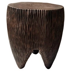 Sculptural Hand-Carved Solid Mango Wood Side Table, Modern Organic, Brown