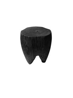 Sculptural Hand-Carved Solid Mango Wood Side Table, Modern Organic, Burnt