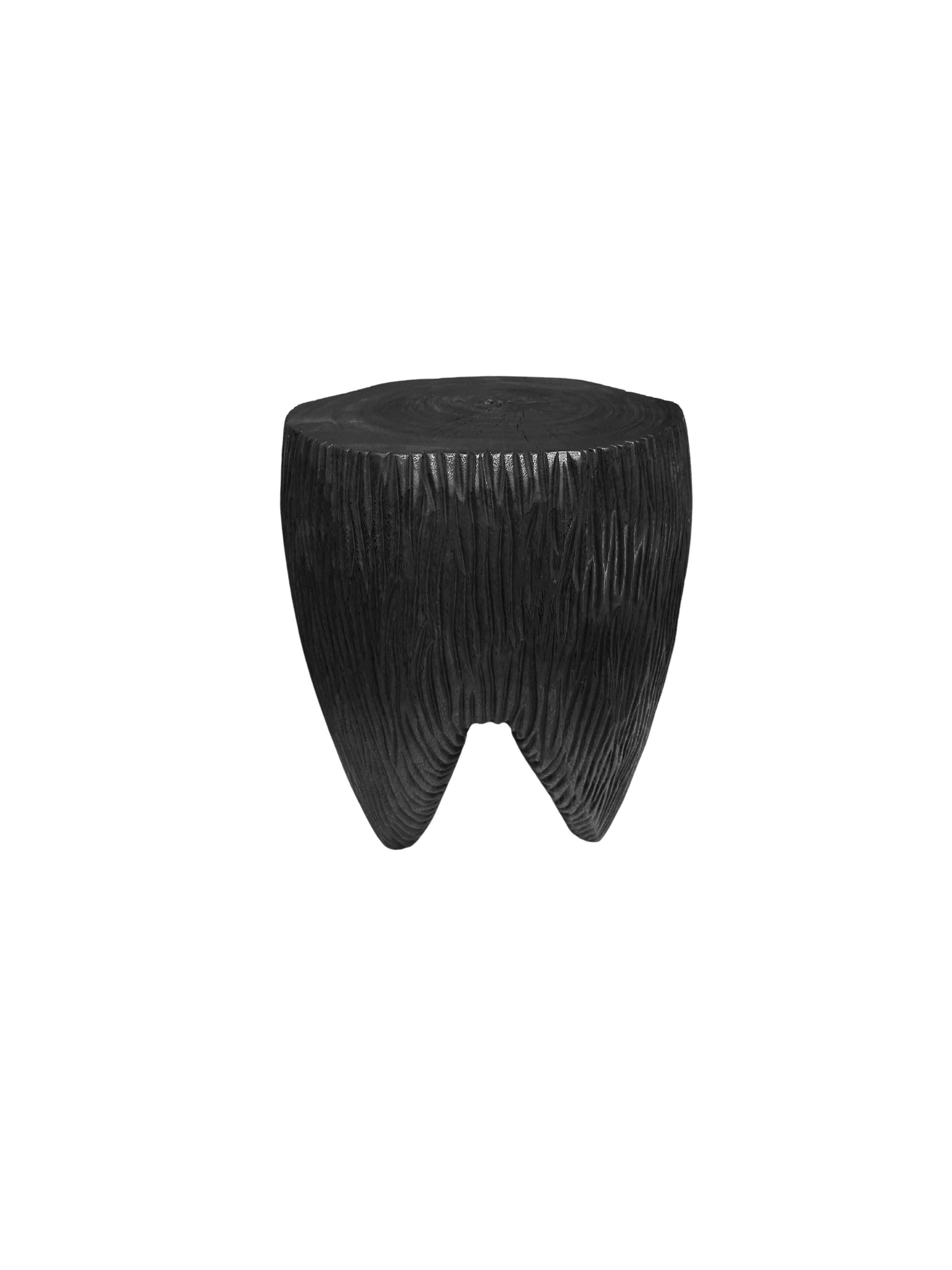 Contemporary Sculptural Hand-Carved Solid Mango Wood Side Table, Modern Organic, Burnt For Sale