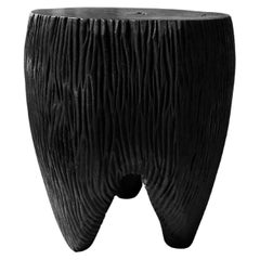Tavolino scultoreo in legno massiccio di mango intagliato a mano, moderno organico, bruciato