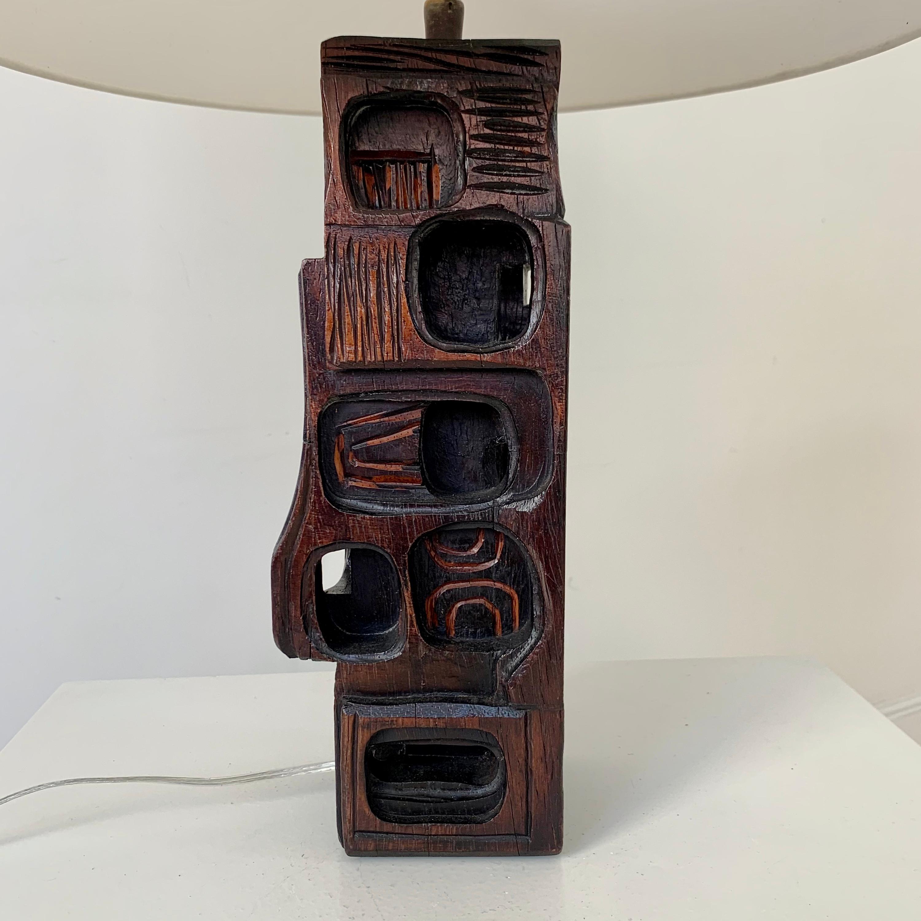Wood Sculptural Hand Carved Table Lamp by Gianni Pinna, c.1970, Italy.