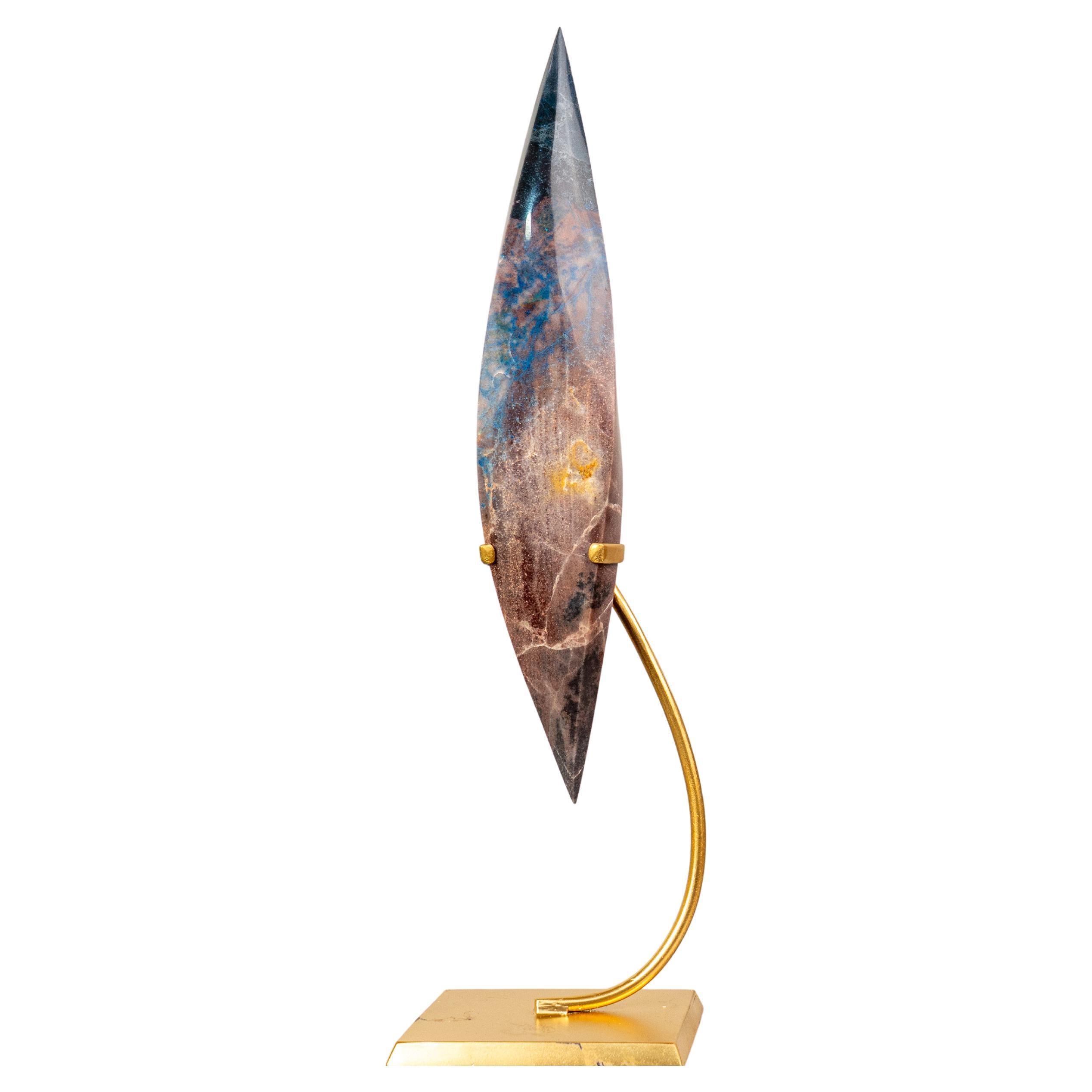 Sculptural Hand-Carved Teal Blue Crystal Flame