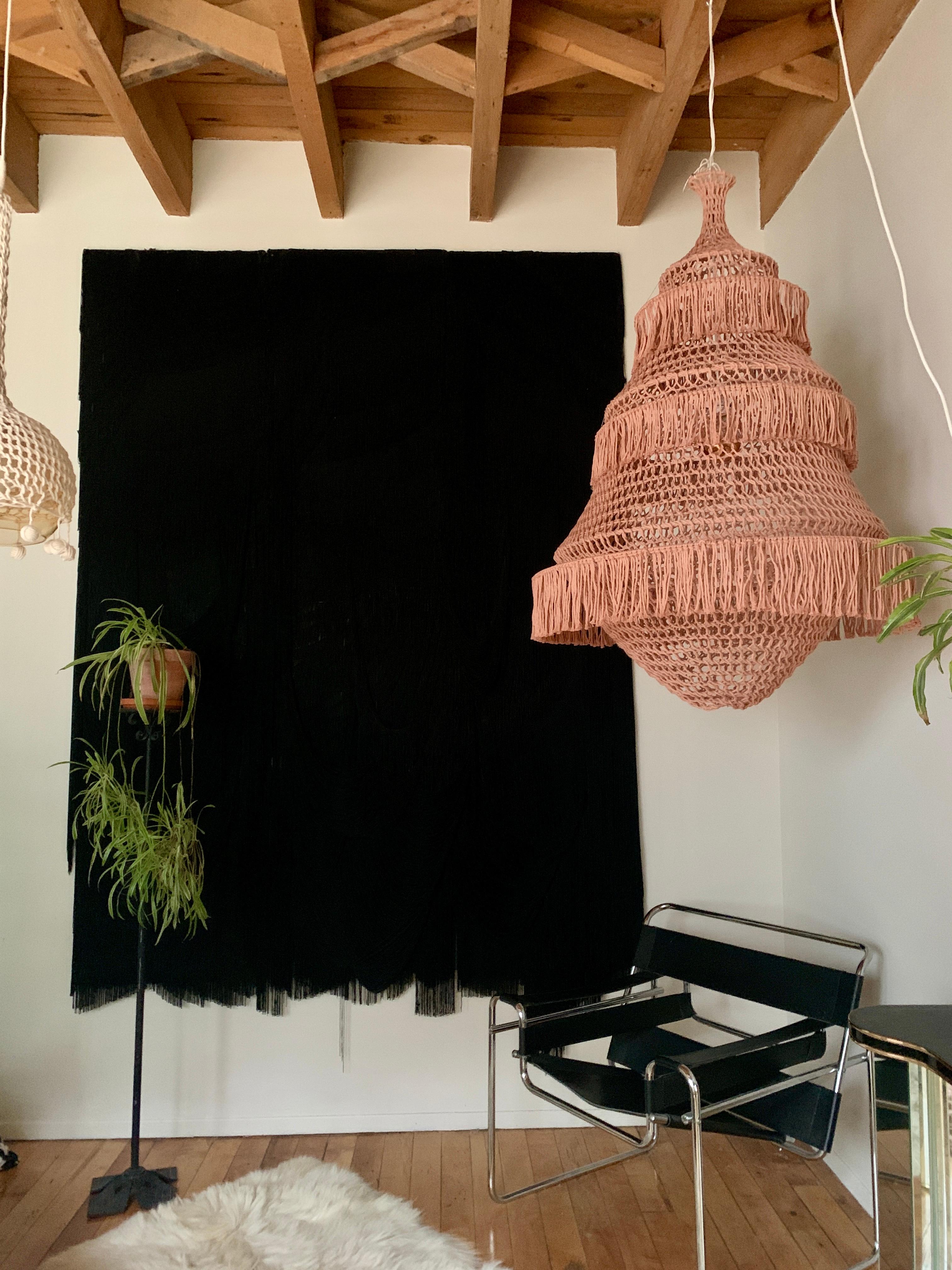 Canadian Sculptural Hand-Crochet Textile Lampshade Chandelier Typha Raw Collection For Sale
