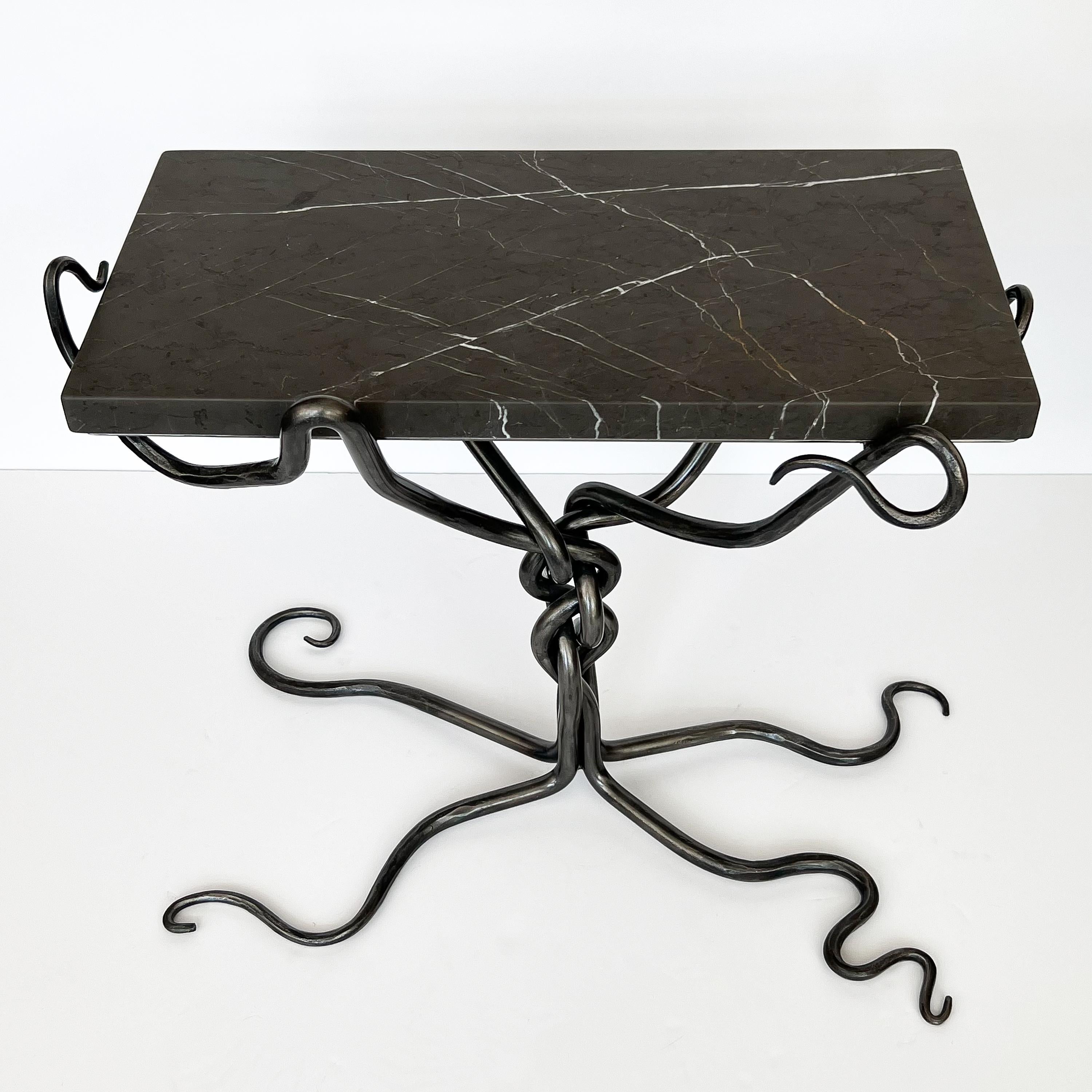 Sculptural Hand Forged Steel End / Side Table with Marble Top For Sale 3