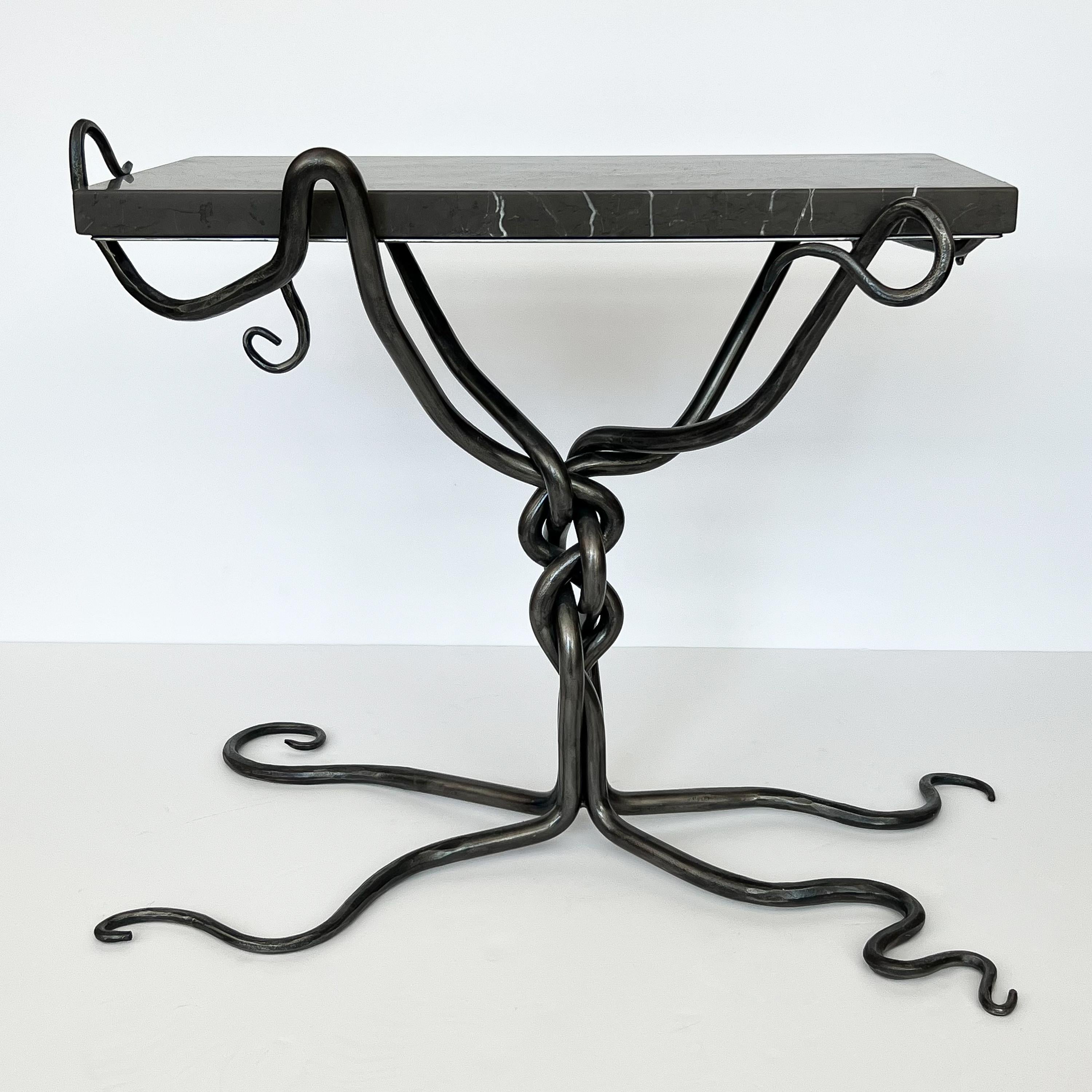 Sculptural Hand Forged Steel End / Side Table with Marble Top For Sale 4