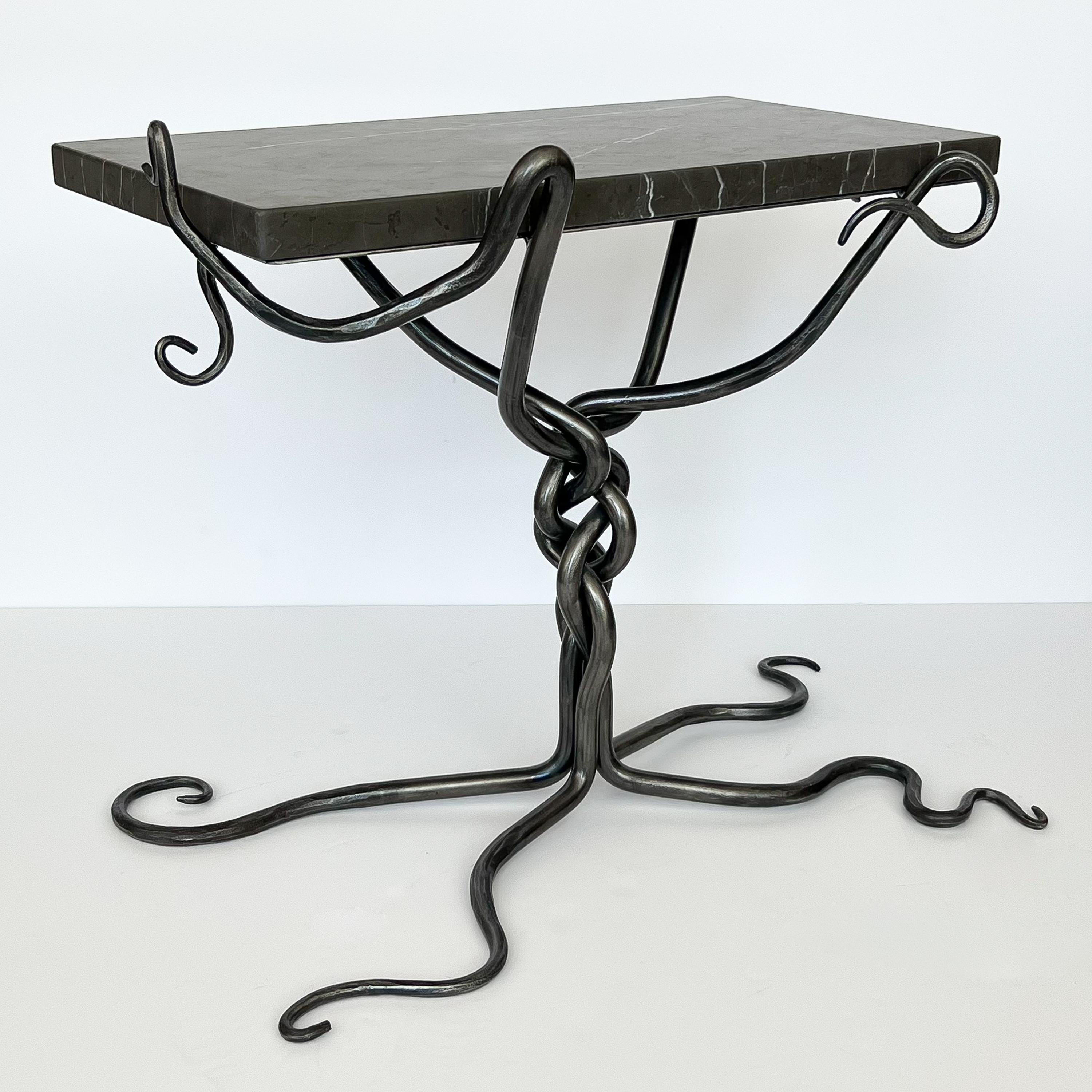 Sculptural Hand Forged Steel End / Side Table with Marble Top For Sale 5