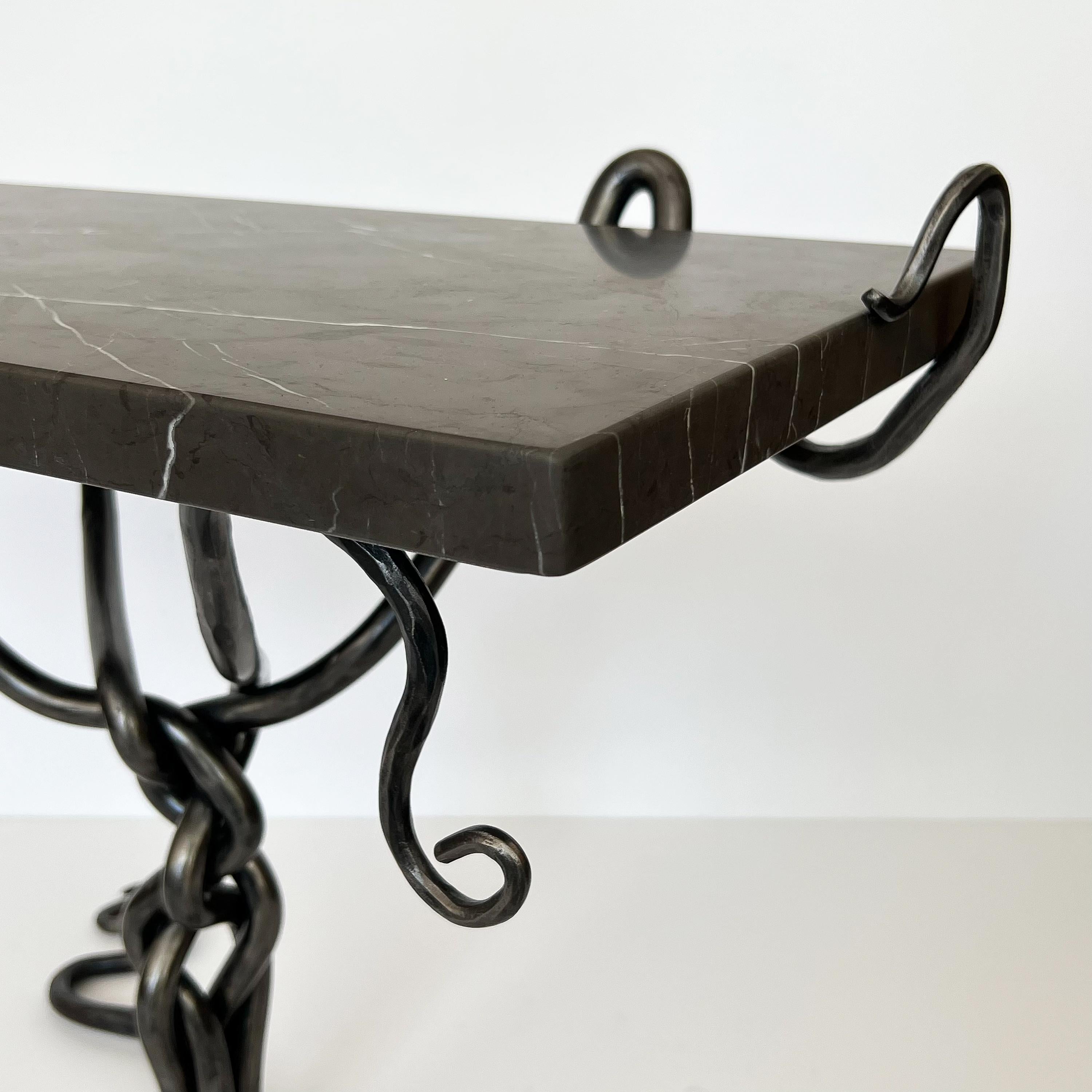 Sculptural Hand Forged Steel End / Side Table with Marble Top For Sale 7