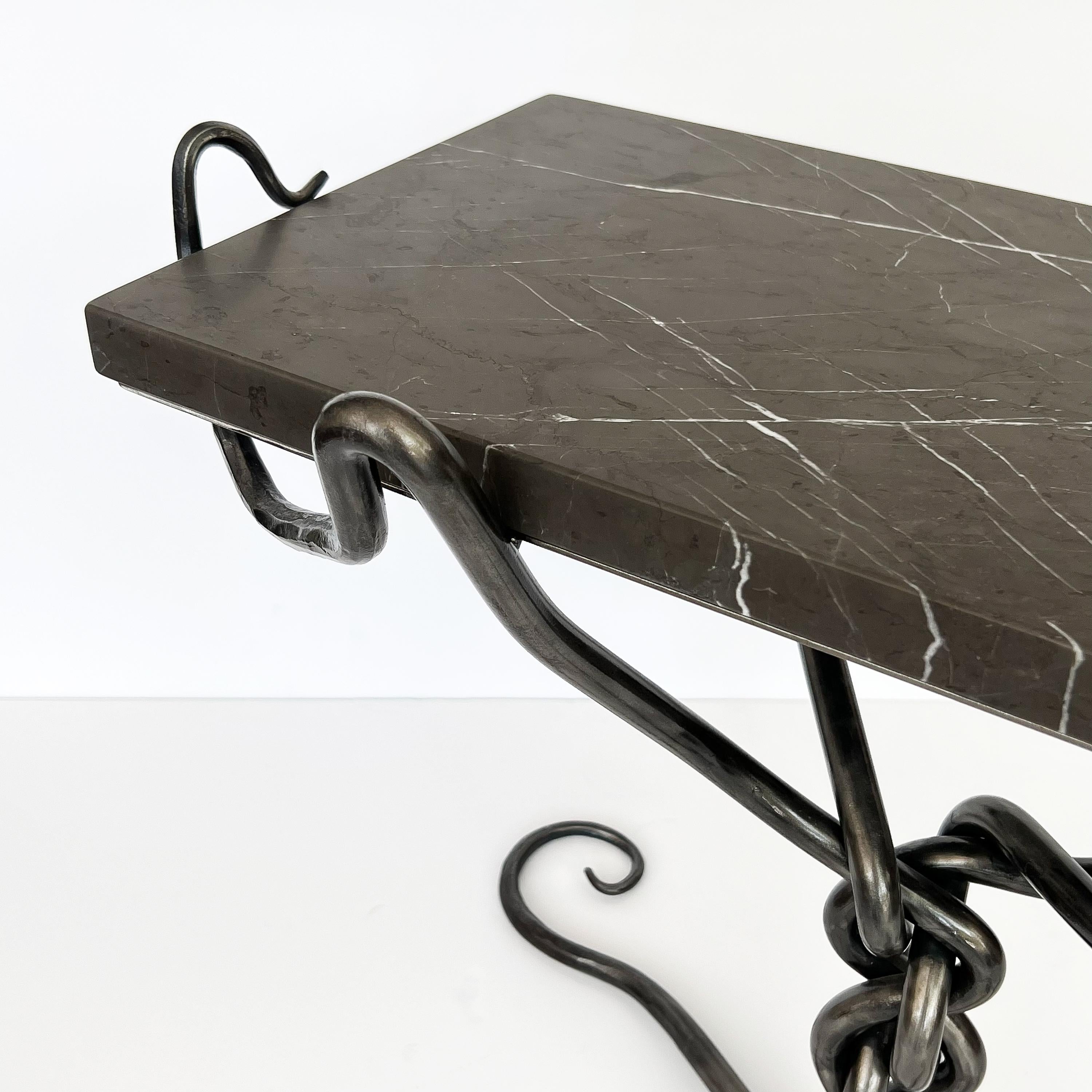Sculptural Hand Forged Steel End / Side Table with Marble Top For Sale 9