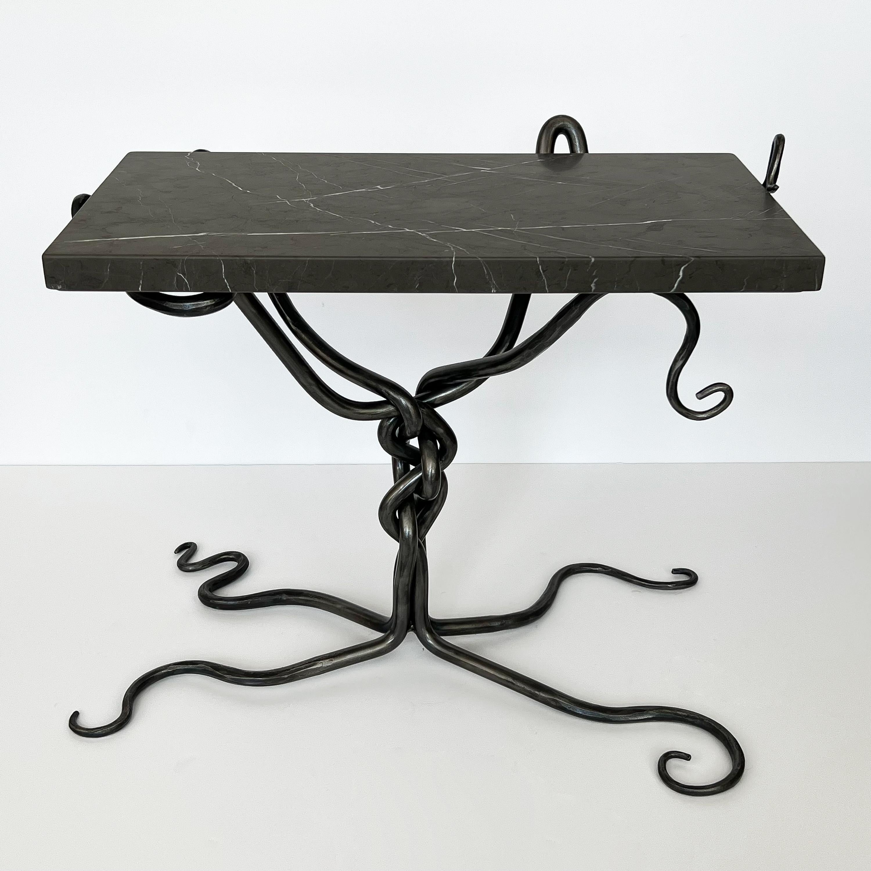 Organic Modern Sculptural Hand Forged Steel End / Side Table with Marble Top For Sale