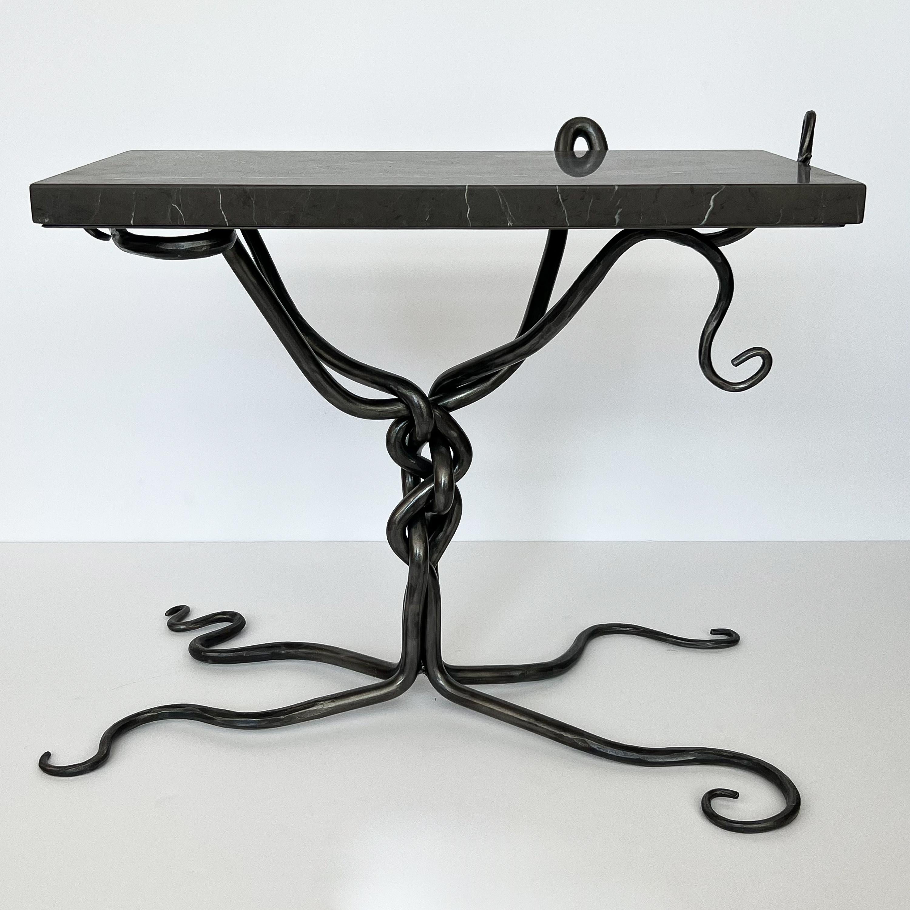 American Sculptural Hand Forged Steel End / Side Table with Marble Top For Sale