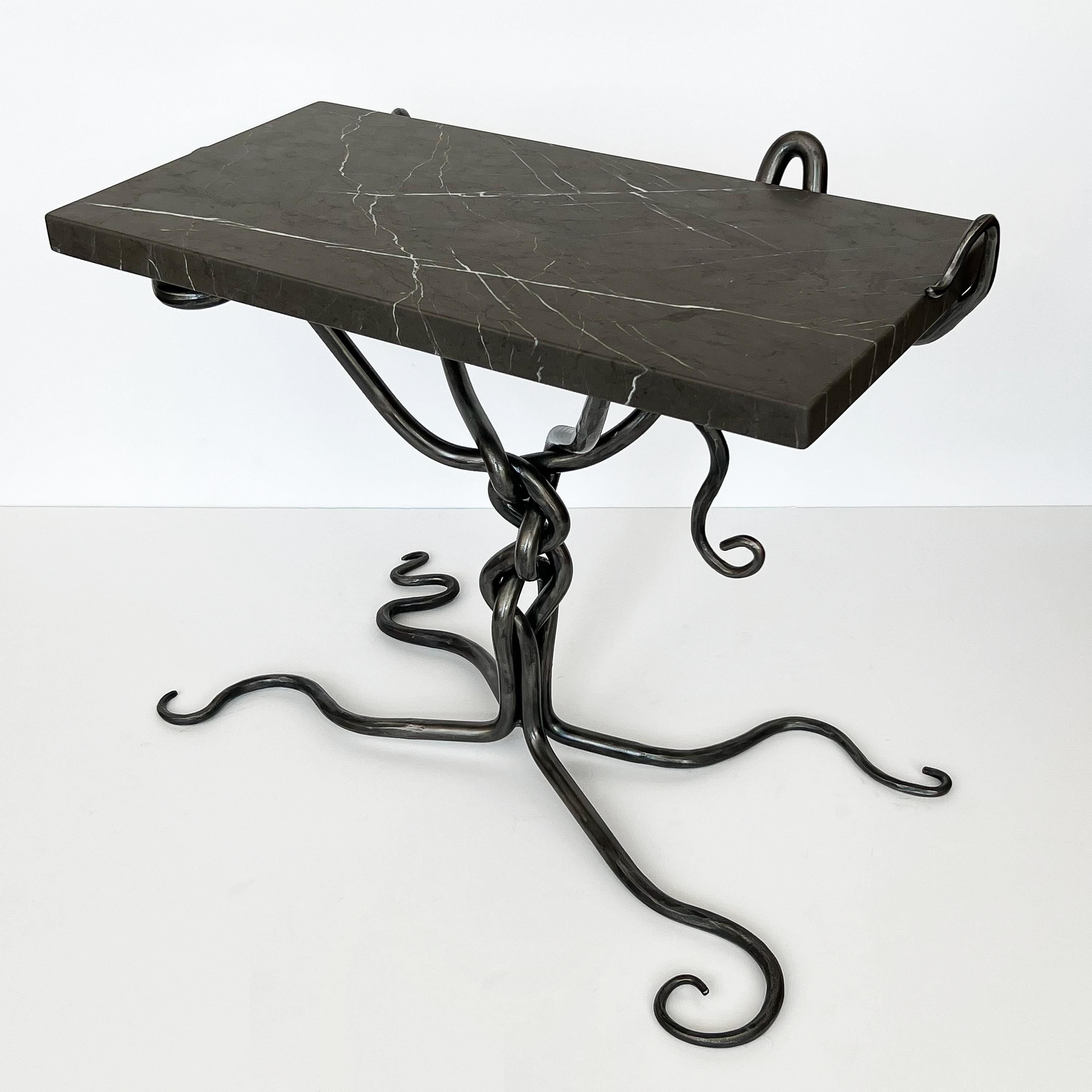 Sculptural Hand Forged Steel End / Side Table with Marble Top In Excellent Condition For Sale In Chicago, IL