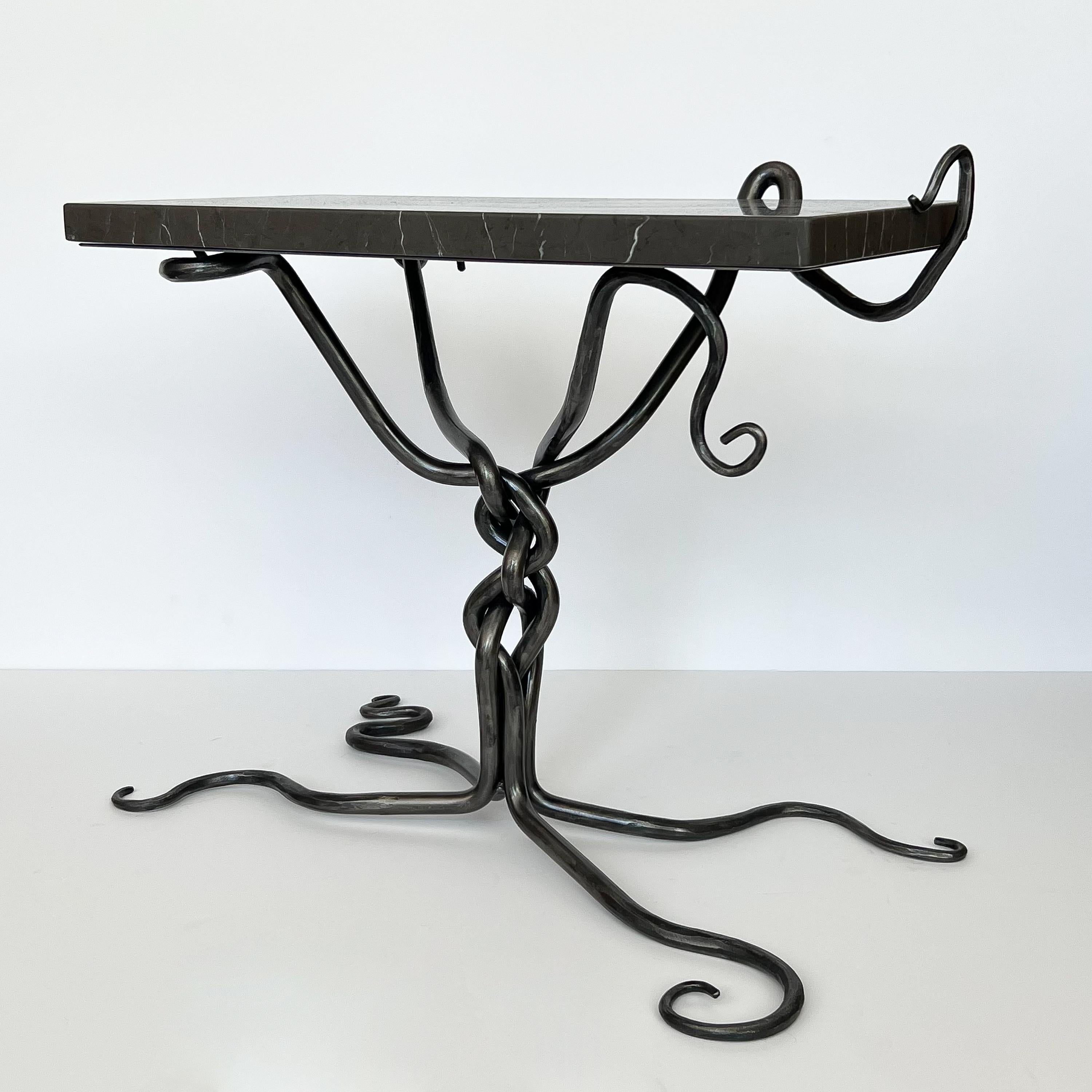 20th Century Sculptural Hand Forged Steel End / Side Table with Marble Top For Sale