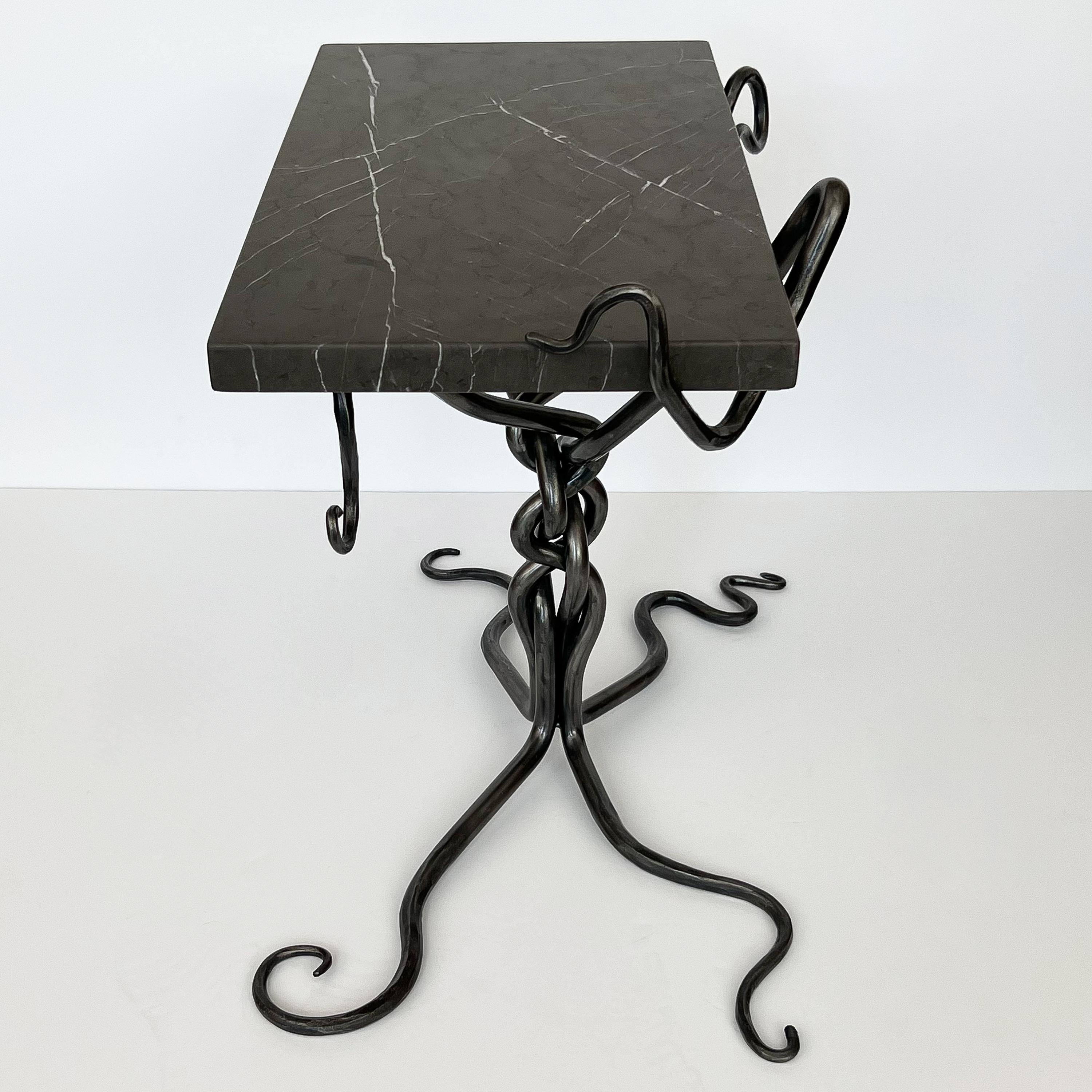 Sculptural Hand Forged Steel End / Side Table with Marble Top For Sale 1