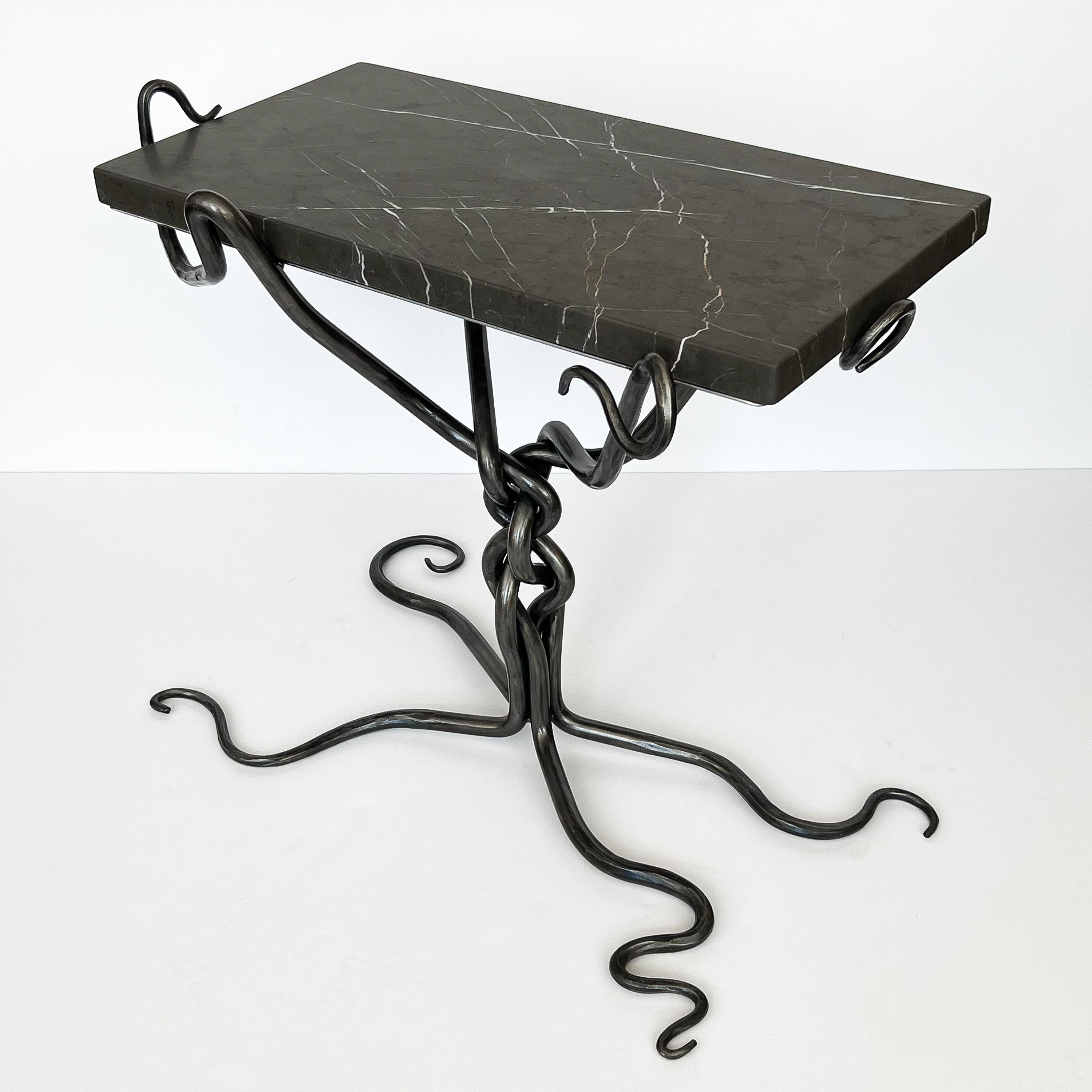 Sculptural Hand Forged Steel End / Side Table with Marble Top For Sale 2