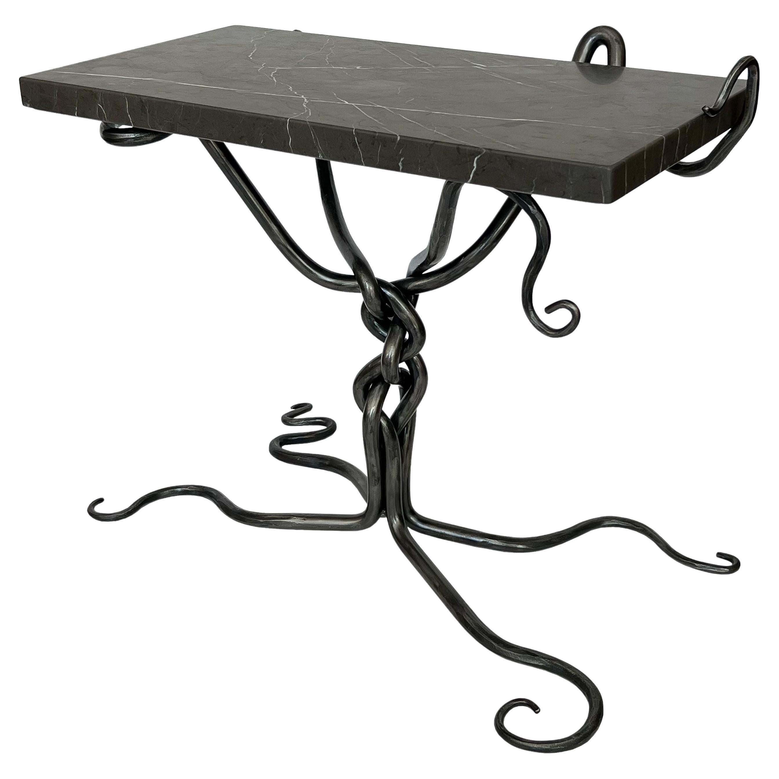 Sculptural Hand Forged Steel End / Side Table with Marble Top