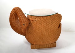 Sculptural Hand-Woven Rattan Swan Coffee or Cocktail Table Round Glass Top 1970