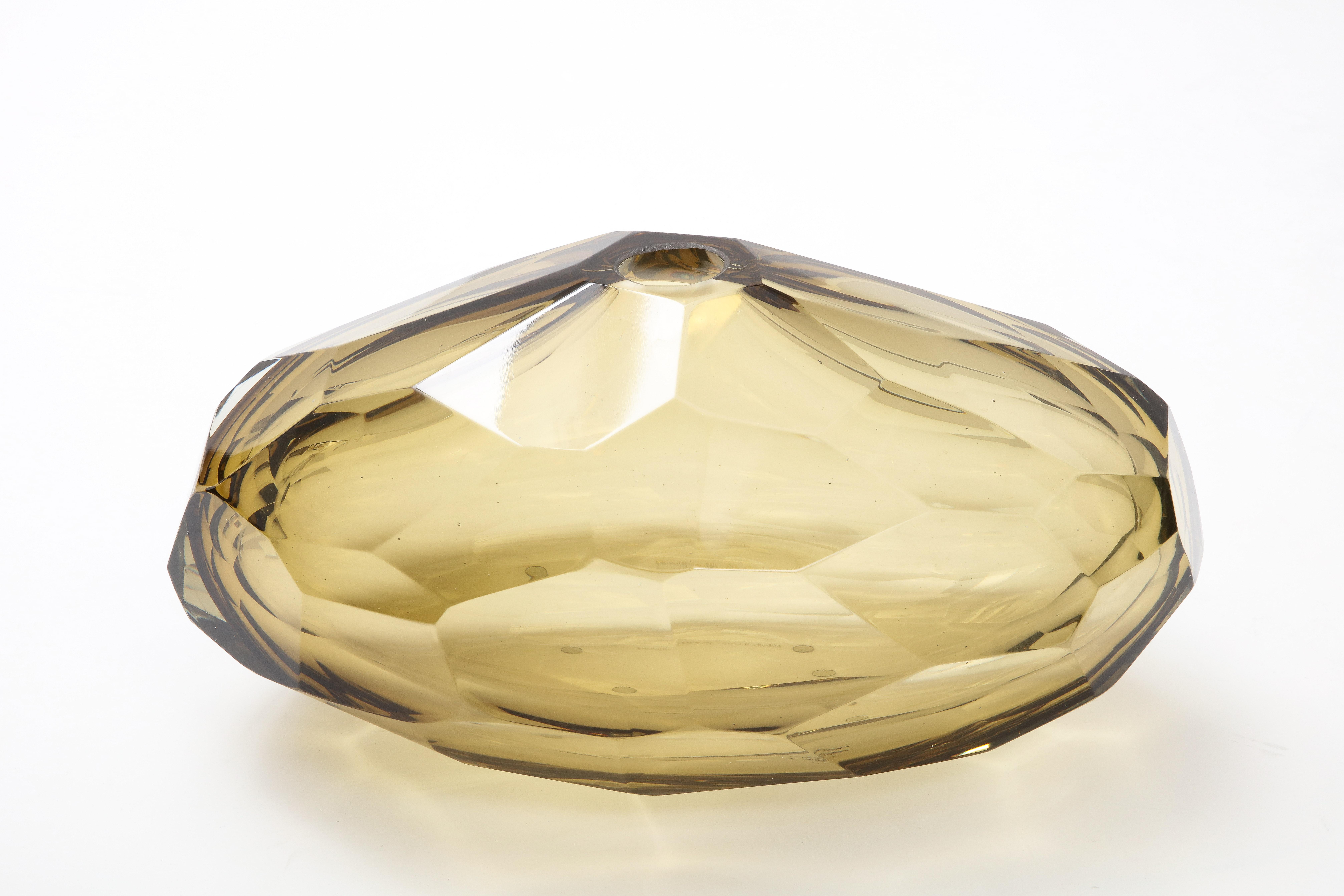 Hand-Crafted Sculptural Hand Blown Faceted Smoke Citrine Murano Glass Vase Signed, Italy 2022